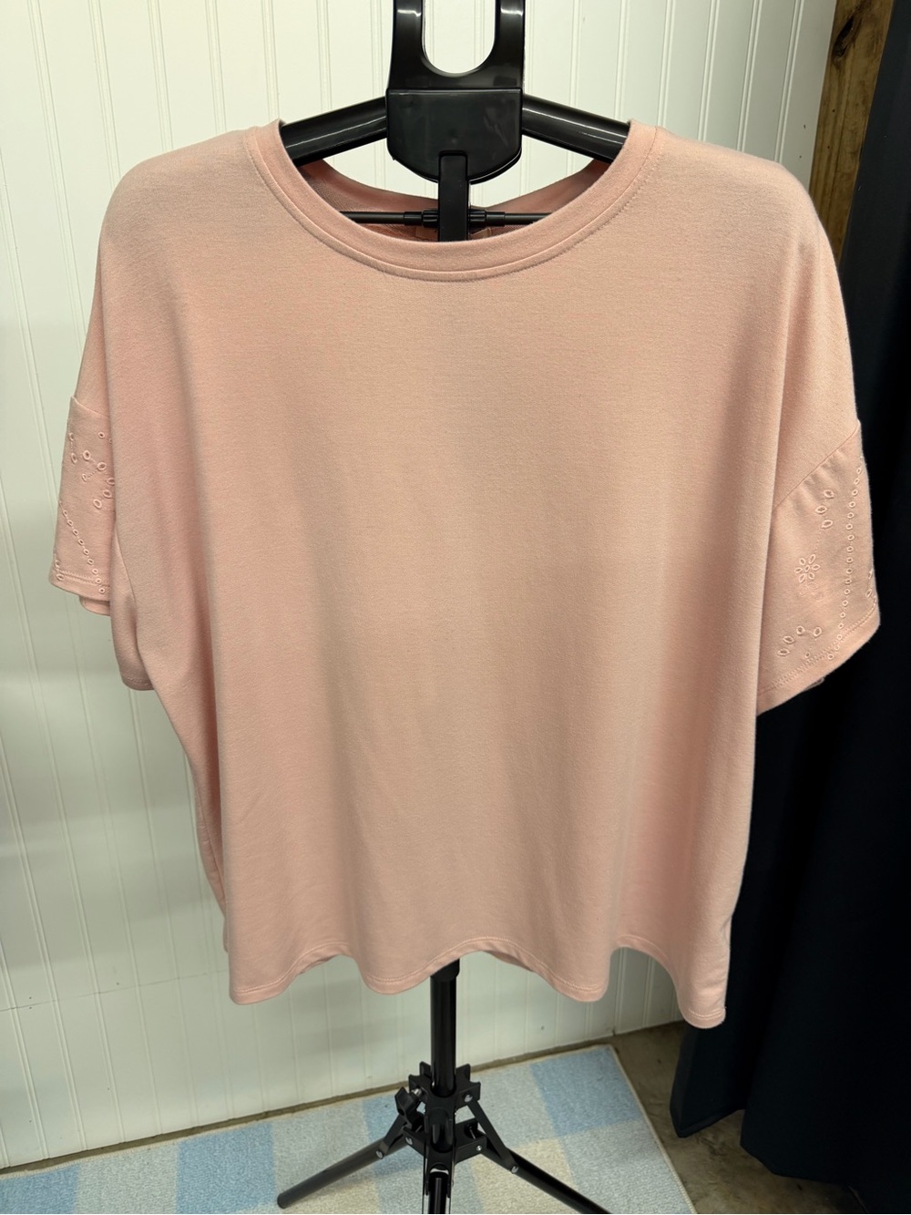 Relaxed Short-Sleeve Tee in Blush Pink with Eyelet Sleeve Detail